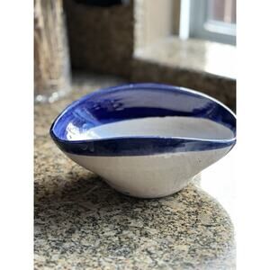 Signed Studio Art Pottery Nut Candy Noodle Bowl Artisan Cobalt Blue Drip Ceramic